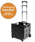Rock Solid Slim Rolling Utility Cart, Collapsible Space Saving Storage Rack With Telescopic Handle, Hella Durable Fifty Pound Load, No Hassle Flat Fold Mechanism For Home And Workshop, Grey with extended handle.