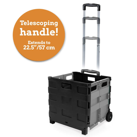 Rock Solid Slim Rolling Utility Cart, Collapsible Space Saving Storage Rack With Telescopic Handle, Hella Durable Fifty Pound Load, No Hassle Flat Fold Mechanism For Home And Workshop, Grey with extended handle.