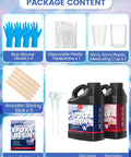 Package content of Crystal Clear Epoxy Resin Kit 64 Ounce For Art Casting And DIY Jewelry Wood Molds Self Leveling 1 To 1 Mix No Bubble Not Yellowing UV Resistant Ultra Easy Pour, including gloves, tablecloth, measuring cups, stirring sticks, manual, and pump.