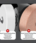 Badass Mini Bench Grinder For Sharpening And Polishing Metal Tools With Quick Swap Coarse Plus Fine Wheels showing 36-grit and 60-grit grinding wheels.