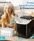 Portable Countertop Ice Maker With Handle Serving Up Fresh Bullet Ice In Under Ten Minutes Delivering Twenty Six Pounds Daily, ice basket and scoop shown.
