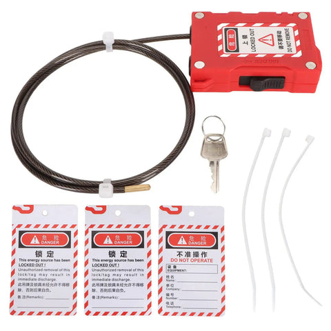 Adjustable Cable Lock Padlock with Built-In Cable, rustproof and heavy-duty, shown with tags, key, and zip ties for security applications.