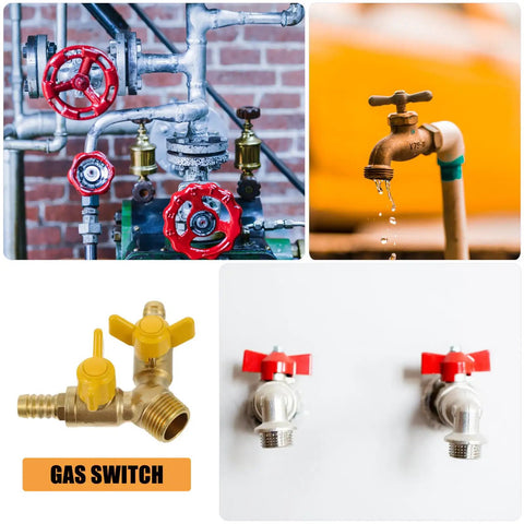 Heavy Duty Brass Y Type Gas Ball Valve With Solid Three Way Build And Dual Quick Hook Up Port Fittings For Dead Shut Off Seal Dependable Pipe Heater Regulation And Easy Twist Operation Daily, featuring various valves and fixtures.