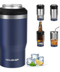 Hella Tough Navy Blue Four In One Insulated Stainless Steel Drink Koozie fits 12 oz cans and beer bottles transforms to tumbler.