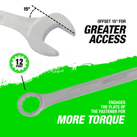 40mm Jumbo Metric Combination Wrench Set With Chrome Plated Finish, offset box end, angles for torque and access.