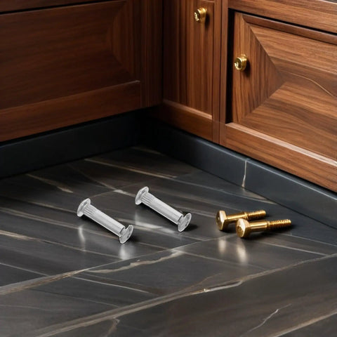 Heavy Duty Cold Rolled Steel Furniture Binding Screws Silver M6 Hardware Kit on a floor near cabinets.