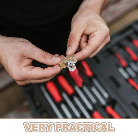 Person holding Six Pack Top Shelf Copper Mini Ball Valve With Male Female NPT Threads for easy water and gas control.