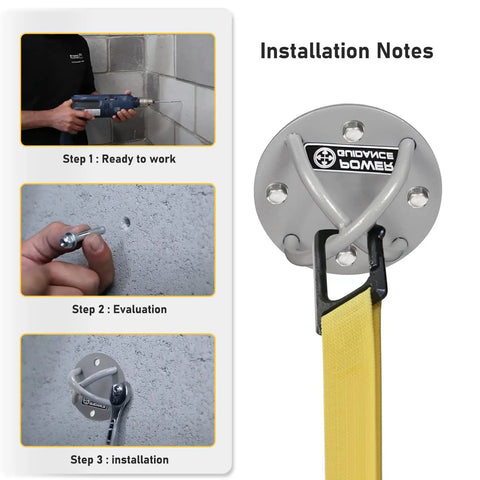 Installation steps for Built Like A Tank Wall And Ceiling Mount Bracket for Suspension Straps, showing drill and mounting process.