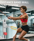 Badass Adjustable Wall Mount Anchor For Resistance Bands Multi Purpose Home Gym Setup Featuring Thirty Five Custom Locking Positions Heavy Duty Fitness Base with a sporty woman exercising.