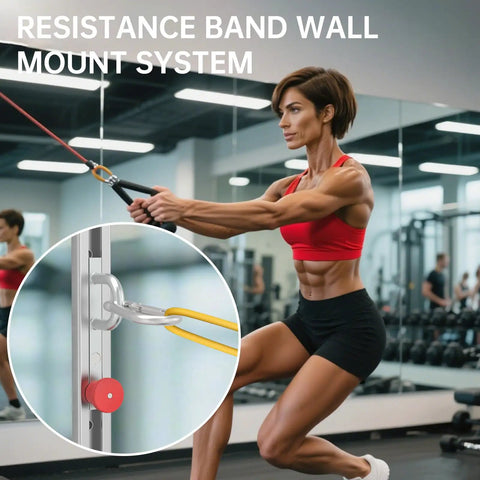 Badass Adjustable Wall Mount Anchor For Resistance Bands Multi Purpose Home Gym Setup Featuring Thirty Five Custom Locking Positions Heavy Duty Fitness Base with a sporty woman exercising.