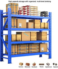 Badass Heavy Duty Garage Shelving Units That Bring Next Level Organization To Your Workshop Setup With Rust Resistant Steel Frames And Massive Weight Capacity To Keep All Your Tools Sorted And Ready To Roll, showing blue multi-level shelving with boxes.