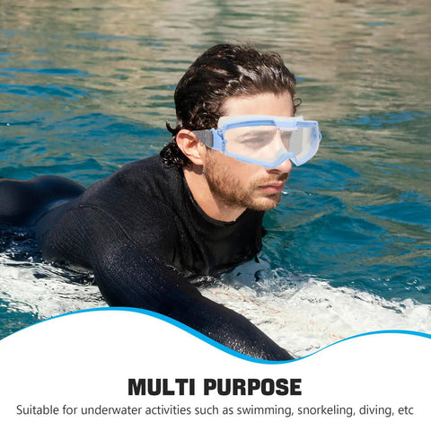 Heavy Duty Polycarbonate Safety Glasses With High Clarity Blue Lens Side Shields For Industrial Construction And Lab Work Built Tough For The Daily Grind And Straight Up Eye Protection on a swimmer