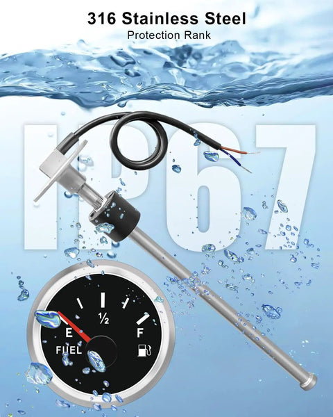 Top Shelf Marine Fuel Level Sending Unit And 2 Inch Diameter Fuel Gauge Kit Featuring 240-33 Ohm Output Rating For Boat And Trailer Tanks With 15 Inch Sender Arm displayed in water with IP67 rating.