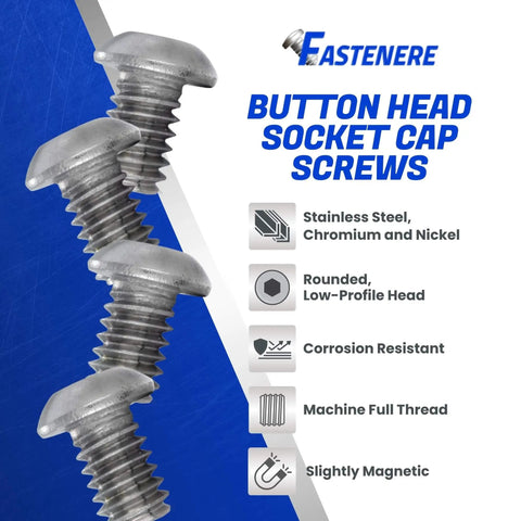 Five Button Head Socket Cap Screws 2-56 By One Eighth Inch Stainless Steel 18-8 with bright finish, corrosion resistant.