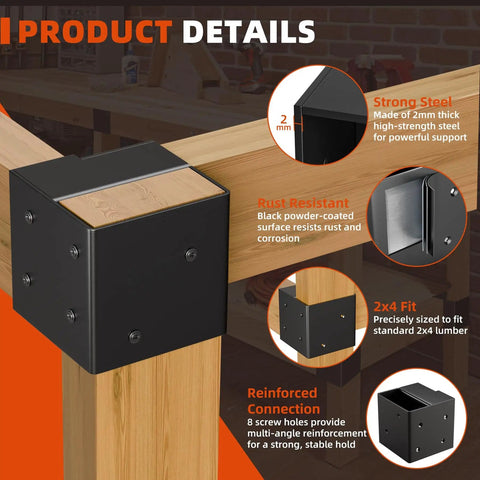 Heavy Duty Steel Corner Bracket Kit For DIY Workbenches And Shelves with black powder-coated finish on 2x4 lumber.