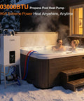 Powerful 105000 BTU propane pool heater delivers crazy fast heating for above ground pools, hot tubs, and spas with digital thermostat portable with wheels for easy outdoors
