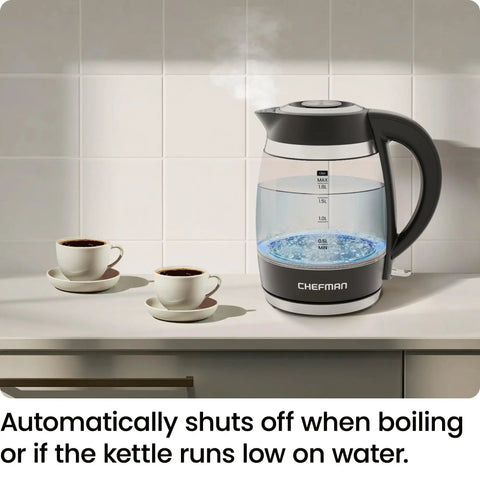Fast 1.8L Electric Kettle 1500W for Quick Boil Tea Coffee, borosilicate glass, cordless, with auto shut off, on a kitchen counter.