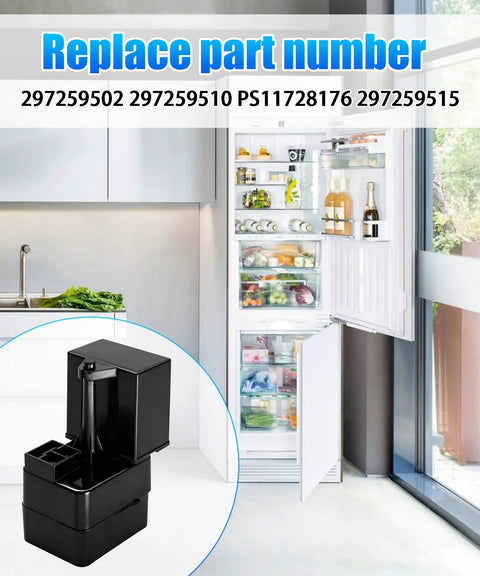 Universal Compressor Start Relay And 15 Mfd Run Capacitor Kit Fits Frigidaire And Kenmore Fridges next to open refrigerator door.