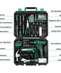 Sweet Green 8V Cordless Drill Tool Kit With Rugged Storage Case 126 Piece Heavy Duty Hand Tools For Diy Home Repairs with various tools