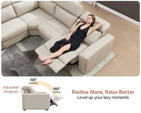 Woman relaxing on Power Recliner Sectional Sofa With Storage And USB Port, Leather Look Reclining Couch With Adjustable Headrest