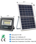 Spot Lighting 30W 1000 Lumens Led Solar Powered Flood Lights with Rf R,，， showing a solar panel and LED flood light with dimensions.