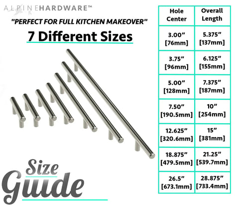 Size guide for Heavy Duty Solid Stainless Steel Bar Pulls, 7 lengths from 5.375 to 28.875 inches, satin nickel finish.