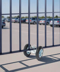 Rock Solid Sliding Door Roller Assembly With Quiet Rubber Wheels 600 Lbs Heavy Duty Load galvanized steel wheel assembly in use.