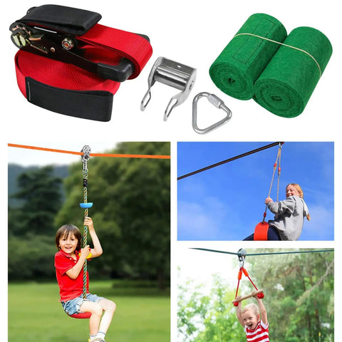 Backyard Zip Line Kit With Tree Protector For Kids Outdoor Swing Set For Yard Playground Safe 250Lb Load Great For Teens Boys And Girls At School Camps Beach Park And Backyard Fun, featuring components and kids enjoying zip line.