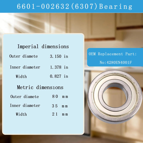 Hardcore Washer Tub Bearings And Seal Kit For Samsung WF Series showing detailed dimensions of a 6601-002632(6307) bearing.