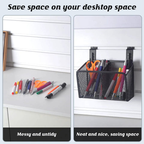 Comparison showing messy desk with scattered stationery and organized Must Have Wall Mounted Pencil Holder With Slatwall J Hooks