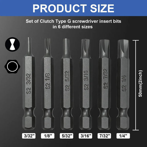 Top Shelf Heavy Duty Six Piece Type G Clutch Bits Set Featuring 1/4 Inch Hex Shank S2 Steel Magnetic Driver Bits showing sizes 3/32 to 1/4 inch.