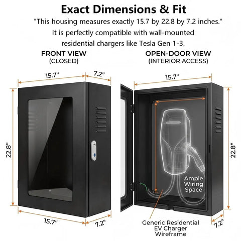 Rock Solid Commercial Grade Wall Mount EV Charger Enclosure Featuring Clear Front Window For Quick Meter Reads And Hella Tough Mechanical Lock Against Vandalism, dimensions 15.7x22.8x7.2 inches, front and open-door view.