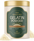 Grass Fed Unflavored Gelatin Powder For Everyday Cooking And Baking, 11g Protein, labeled jar with powder spill, gold lid