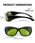 Kickass 800-1100nm Laser Safety Glasses dimensions showing lens, arm, bridge, and frame sizes for precise fitting.