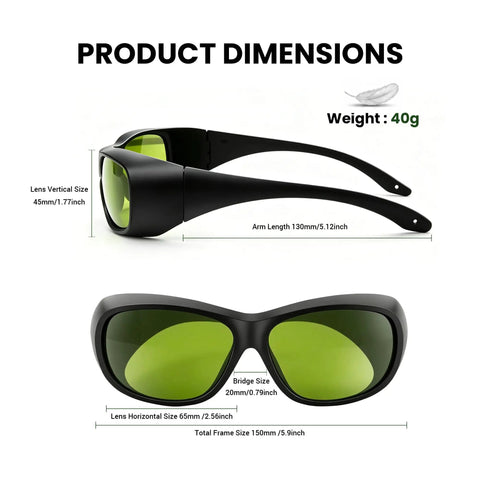 Kickass 800-1100nm Laser Safety Glasses dimensions showing lens, arm, bridge, and frame sizes for precise fitting.