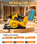 Seven And One Fourth Inch Brushless Cordless Circular Saw Heavy Duty Beast with 20v Max Battery and DCB compatible options on a wooden surface.