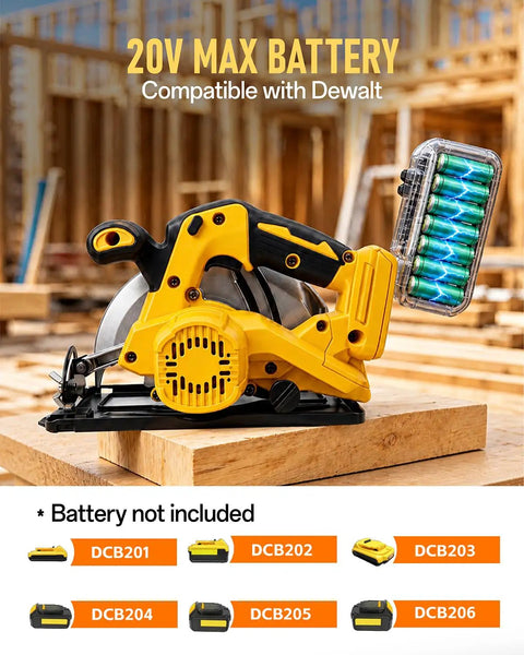 Seven And One Fourth Inch Brushless Cordless Circular Saw Heavy Duty Beast with 20v Max Battery and DCB compatible options on a wooden surface.