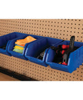 Big Stackable Storage Trays Set Of 4 Blue Adjustable Rails For Vertical Or Horizontal Organization Interlocking Rails Make A Neat Garage Shop And Tool Cabinet Setup hanging on a pegboard with tools and cloths inside.