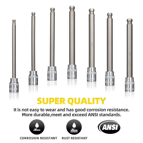Extra Long 3/8 Inch Drive Hex Bit Socket Set, 20-Piece Ball End Allen Sockets displayed in a row against a white background