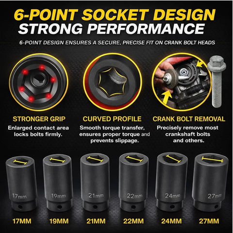 Weighted Half Inch Drive Harmonic Balancer Socket Set With 17Mm 19Mm 21Mm 22Mm 24Mm 27Mm Deep Impact Sockets shown with grip and curved profile