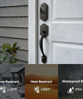 Rock Solid Slick Fingerprint Smart Front Door Lock Set Featuring Keyless Entry Handle Setup And Smooth Touchscreen Keypad With Seamless Bluetooth App Access And Heavy Duty Deadbolts Finished In Oil Rubbed Bronze on a wet door.