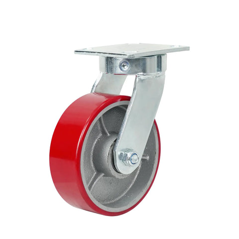 Six Inch Kingpinless Polyurethane Swivel Caster With Reinforced Steel Core 1500 Pound Heavy Duty Rating showing red wheel and metal mount.