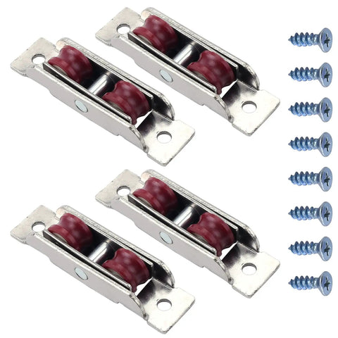 Top Shelf Double Wheel Pulley Set Featuring Nylon U Groove Rollers For Zero Drag Sliding Doors And Windows Silver Stainless Steel Housing Four Pack, showing sliding pulley wheels and screws.
