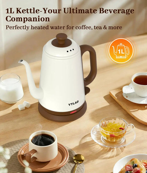 Gooseneck Electric Kettle For Pour Over Coffee And Tea, 1L Capacity, 1000W Fast Boil, 304 Stainless Steel BPA Free, on kitchen table