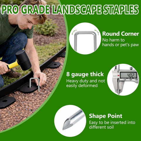 Beefy 8 Gauge Landscape Staples 6 Inch Heavy Duty Galvanized Steel Garden Stakes being installed for landscape edging