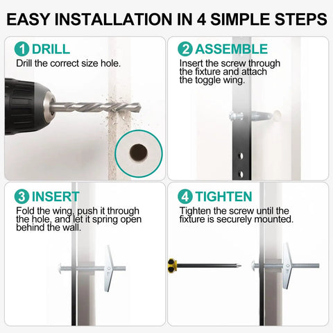 Easy installation instructions for Badass Drywall Anchor Kit With Toggle Bolts And Screws using four simple steps.