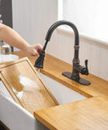Oil Rubbed Bronze Kitchen Faucet With High Arc Gooseneck Pull Down Sprayer 3 Function Spray Head Single Handle Heavy Duty