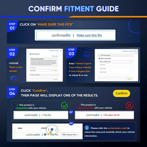 Confirm fitment guide steps for ensuring compatibility with vehicle parts based on model and details.