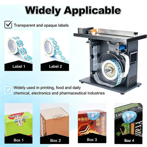 Cymyyds Semi Automatic Right Angle Corner Labeling Machine With Precise PLC Touch Control applying labels to various packaging types.