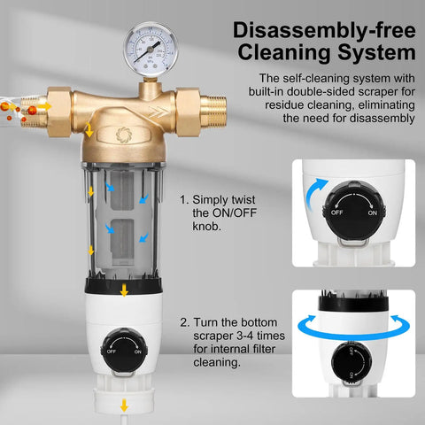 Super Sleek 40 Micron Kickass Spin Down Water Filter And Self Cleaning Backwash Valve disassembly-free cleaning with ON/OFF knob.
